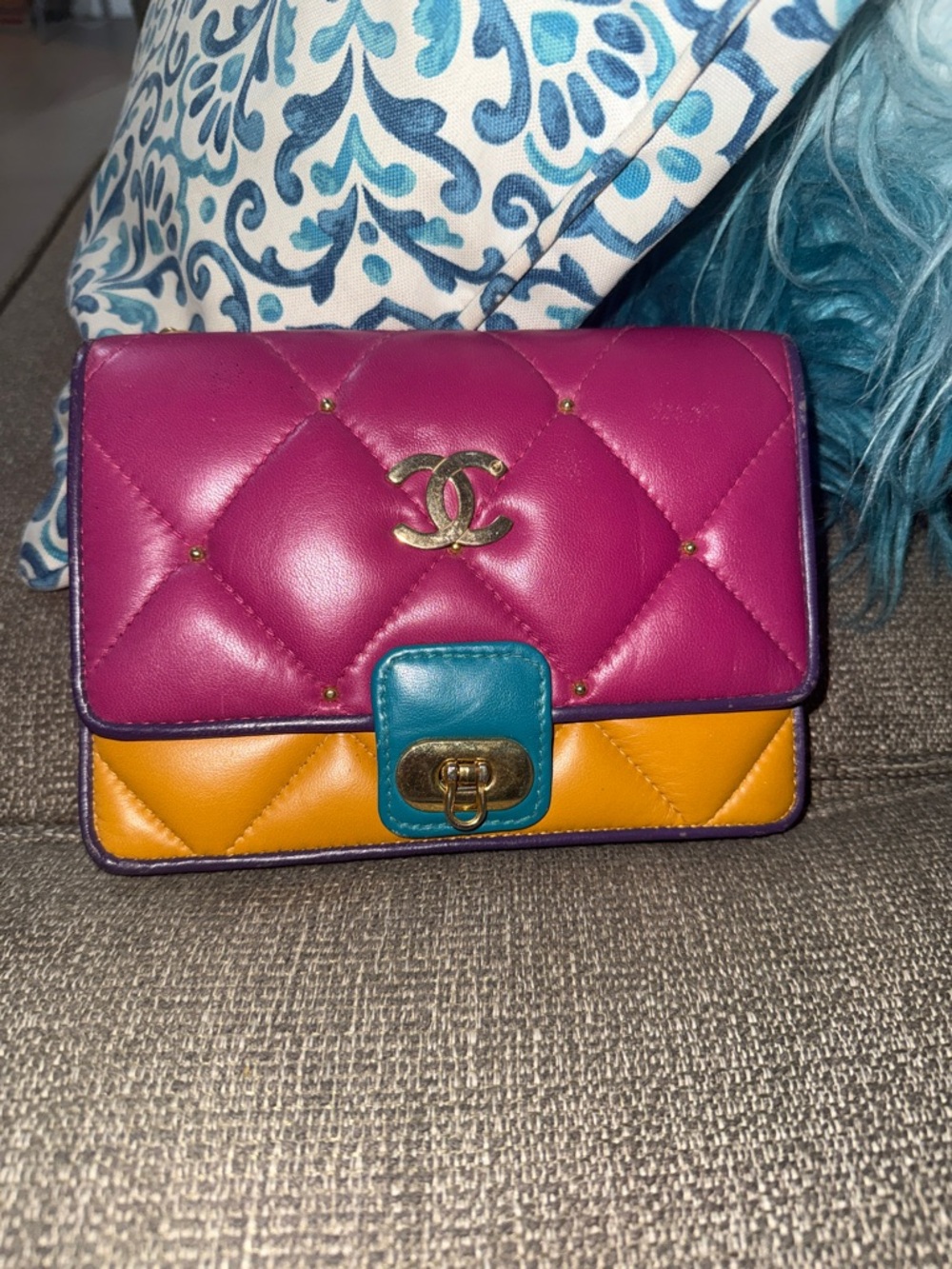 Colorblock Quilted Mini Flap Bag - Fuchsia, Mustard, Teal